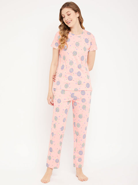 mSECRET Peach Printed Cotton Nightsuit