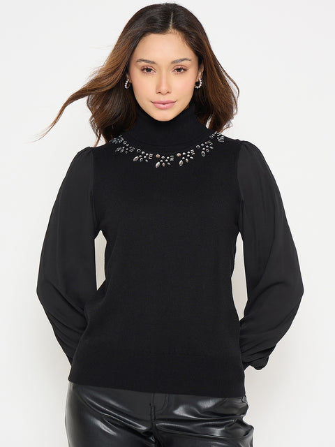 Madame Embroidered Solid Sweater with High Neck and Puff Sleeves