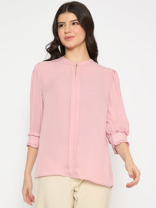 Madame Keyhole Neck Puff Sleeve Pink Top