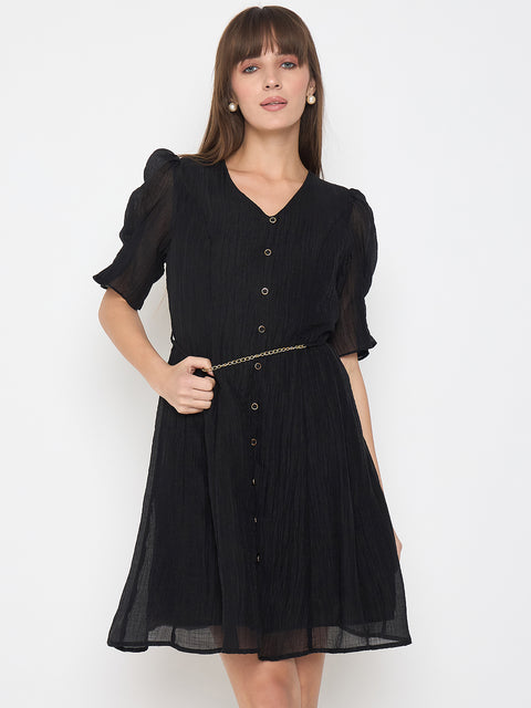 Madame Textured Belted Black Mini A Line Dress