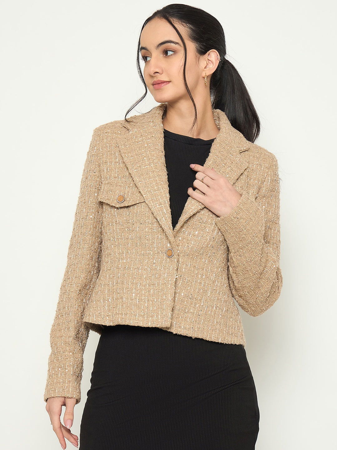 Madame Front Flap Pockets Textured Beige Blazer color swatch