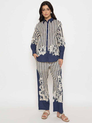 Madame Floral Print Top and Bottoms Striped Navy Blue Co-ord Set
