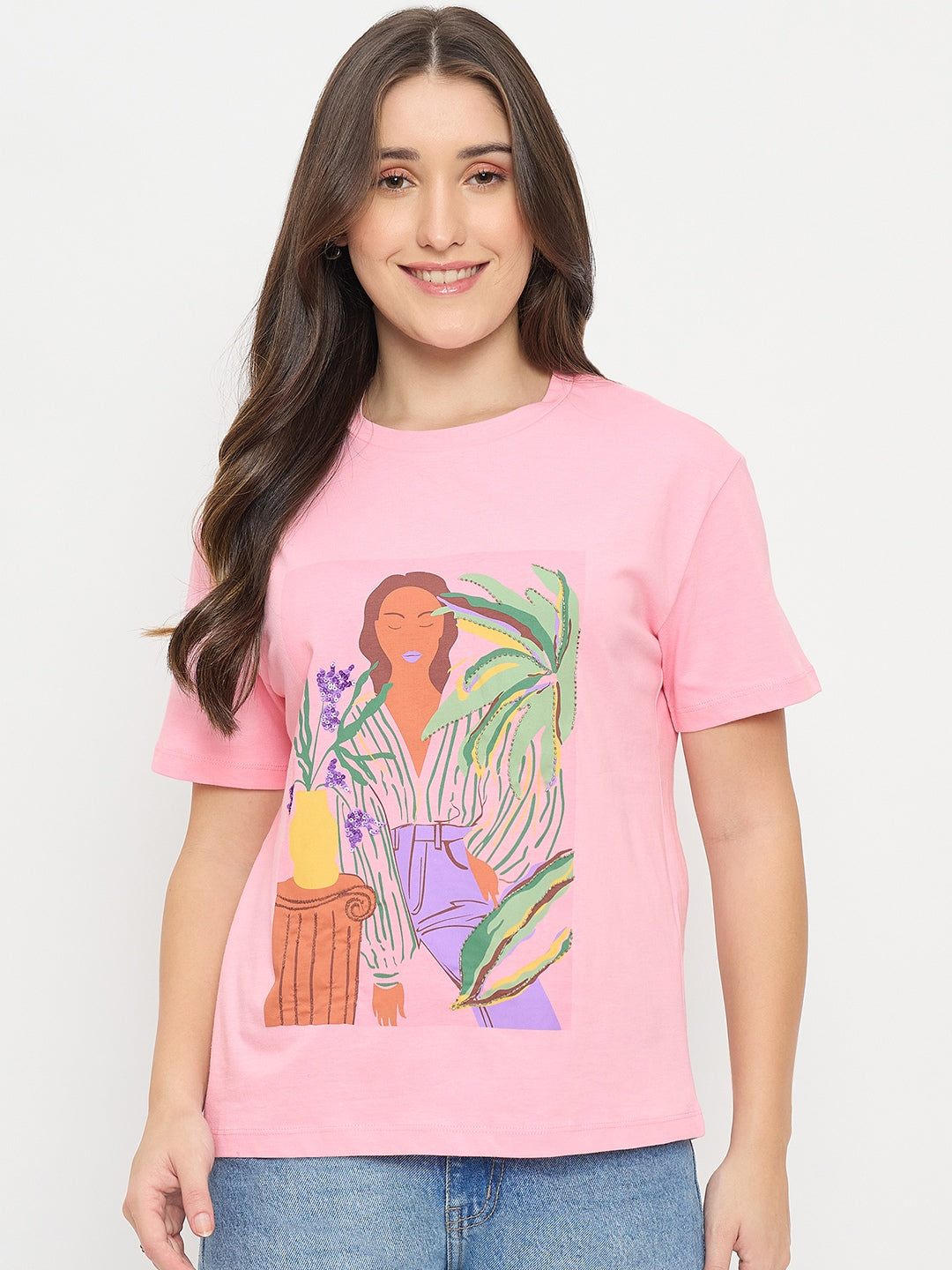 Madame Pink Graphic Print Cotton Round Neck T-Shirt color swatch