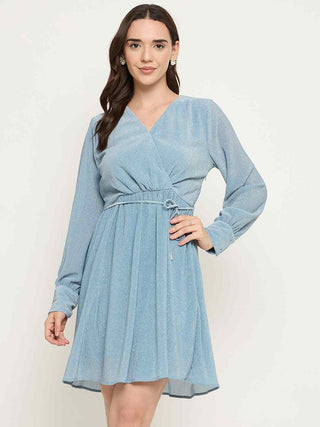 Madame Surplice Neck Blue Mini Dress