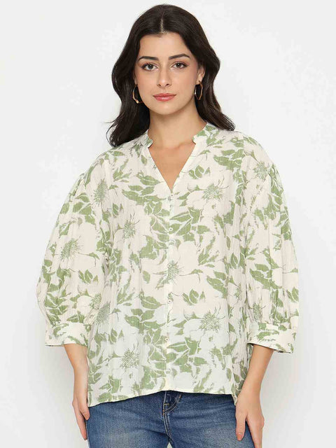 Madame Botanical Print Green Rayon Blend Top