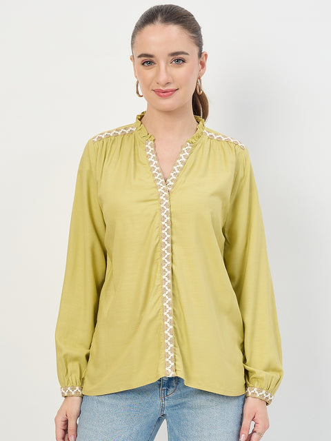 Madame Lime Viscose Embroidery Trim Sleeveless Top