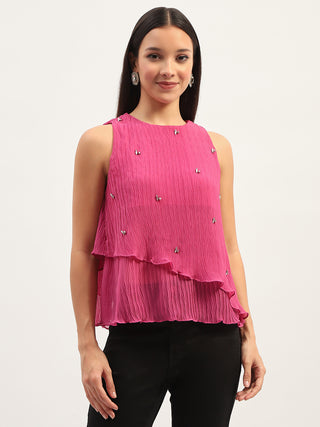 Madame Double Hem Embellished Pink Top