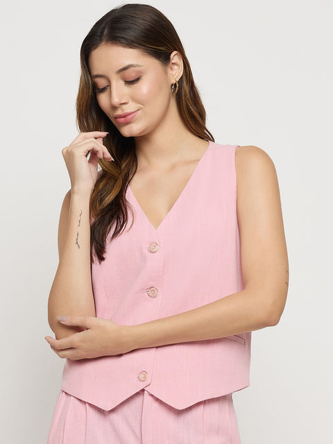Madame Pink Viscose Linen Blend V-Neck Sleeveless Waistcoat