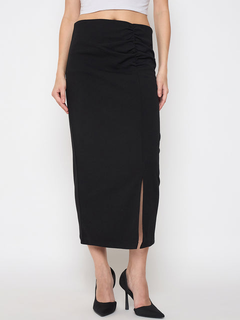 Madame Ruched Solid Black Pencil Skirt