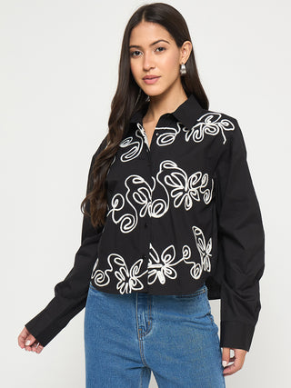 Madame Dori Embroidery Detailed Solid Black Cotton Shirt