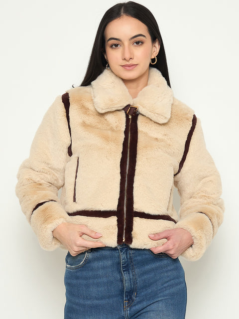 Seasms Madame Faux Fur Trim Beige Jacket with Contrast Seasms