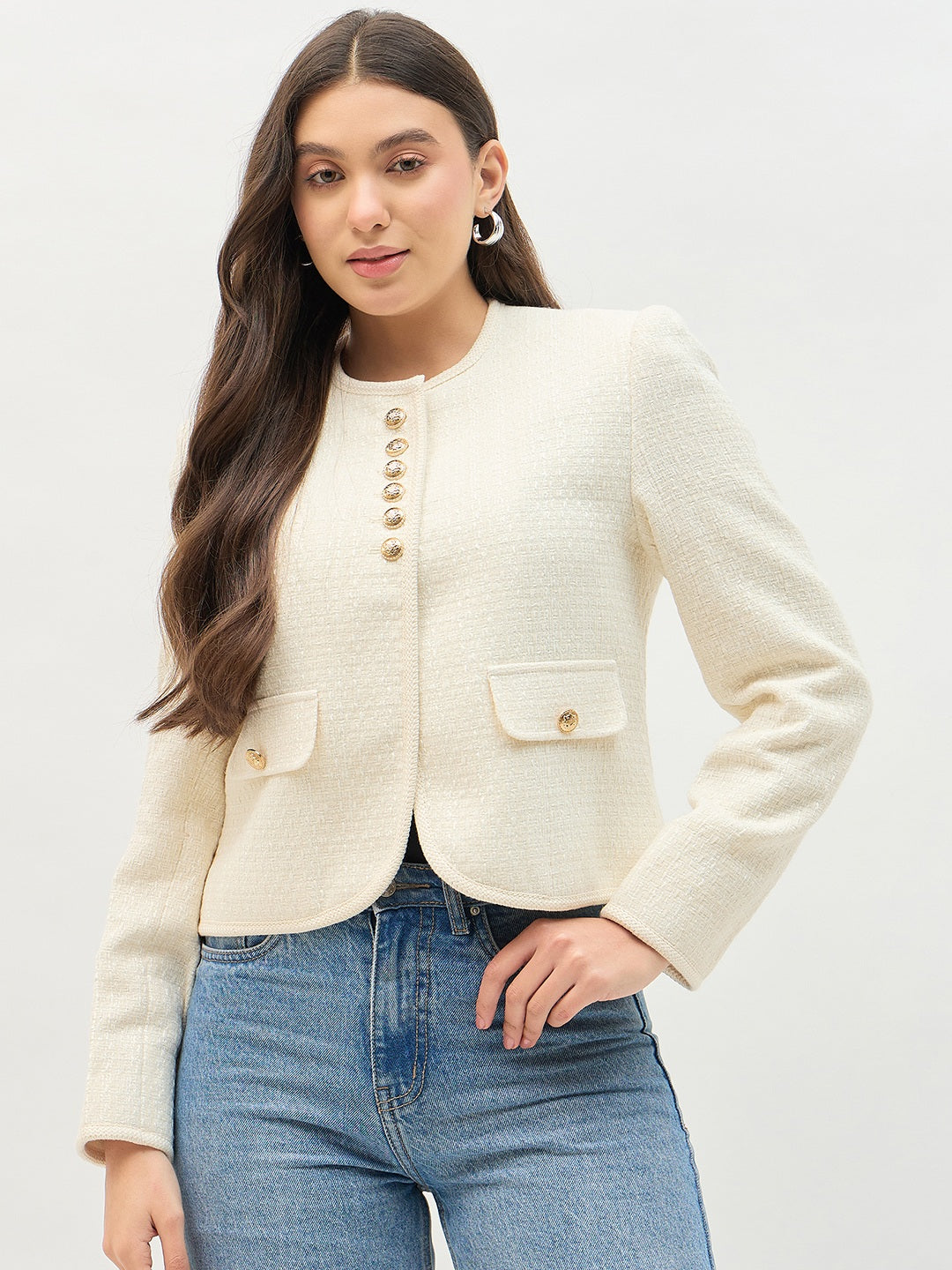 Madame Round Neck Embellished Off White Blazer color swatch