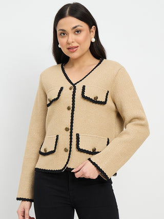 Madame Contrast Trim Brown Cardigan