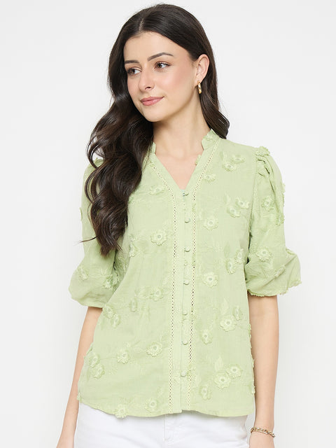 Madame Apple Green Cotton Mandarin Collar Top