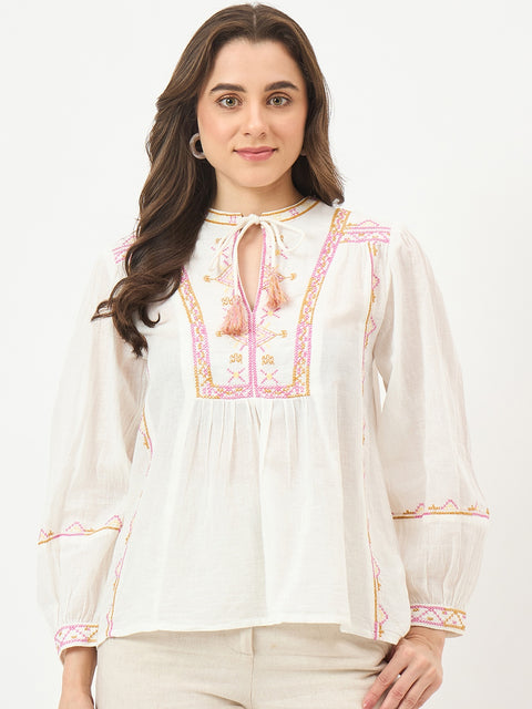 Madame Off-White Embroidered Cotton Mandarin Top
