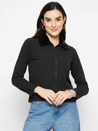 Madame Fur Trimmed Black Zipped Top