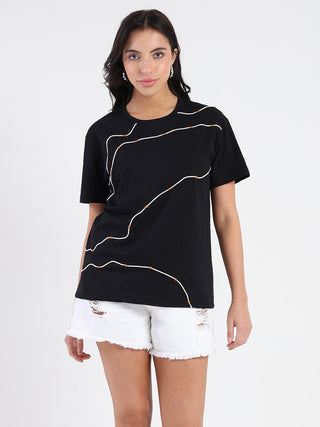 Madame Cord Detailed Solid Black Cotton T-shirt
