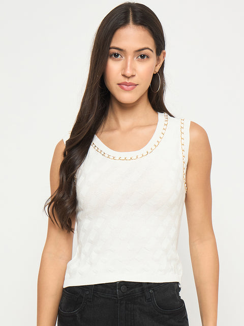 Madame Chain Accented Sleeveless White Knitted Top