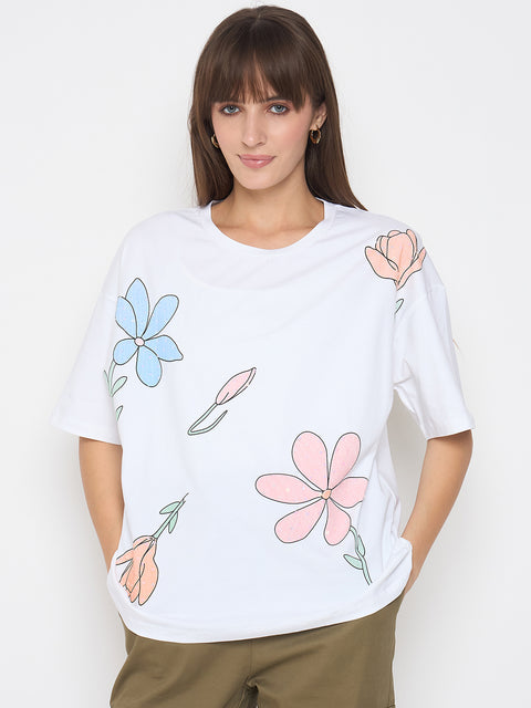 Madame Graphic Print Handwork Detail White Sinker T-shirt
