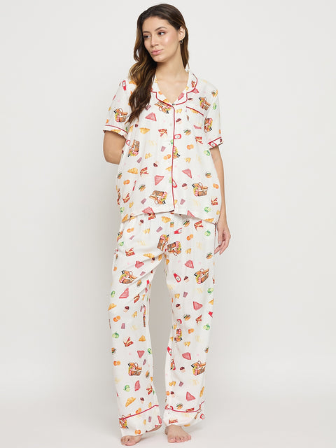 mSECRET Off White Printed Rayon Spread Collar Short Sleeve Night Suit
