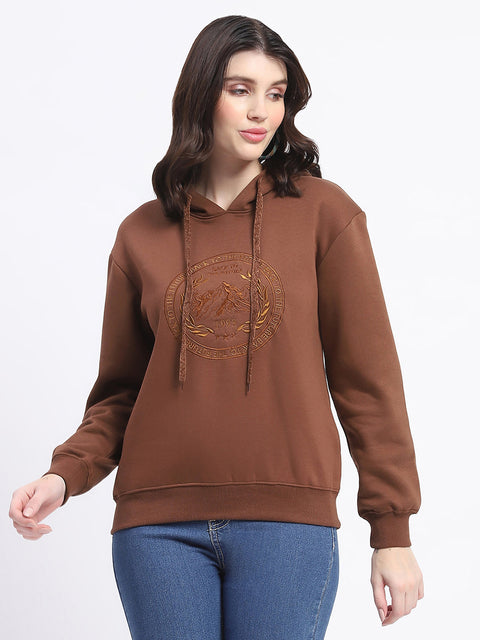 Madame Fleece Embroidered Closed Brown Hooded Sweatshirt