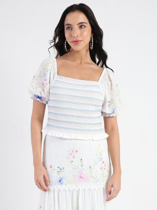 Madame Chiffon Smoking Contrast Threads Printed White Top