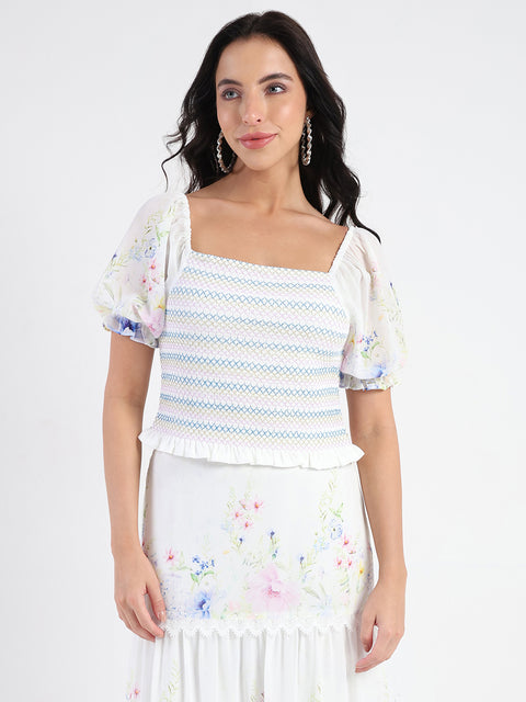 Madame Chiffon Smoking Contrast Threads Printed White Top