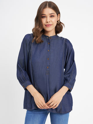 Madame Button-Down Front Solid Dark Navy Cotton Top