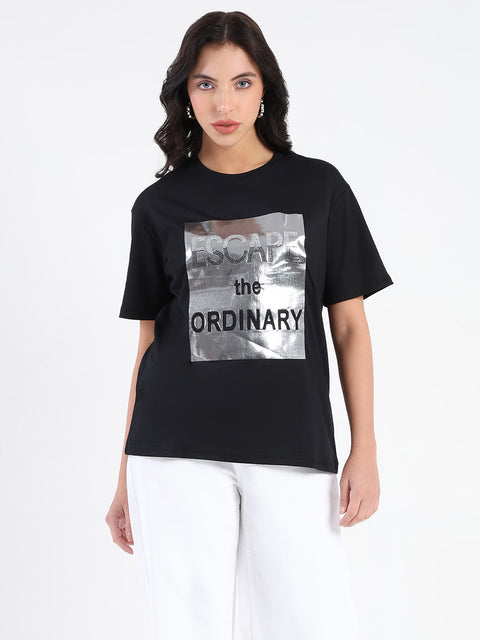 Madame Swarovski Detailed Graphic Print Black Cotton T-shirt