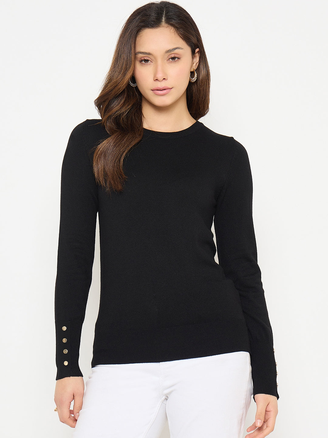 Madame Black Solid Sweater with Cuff Sleeves color swatch