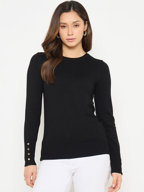 Madame Black Solid Sweater with Cuff Sleeves