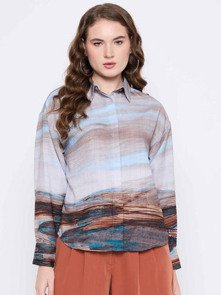 Madame Abstract Print Button Down Sky Blue Shirt Collar Shirt