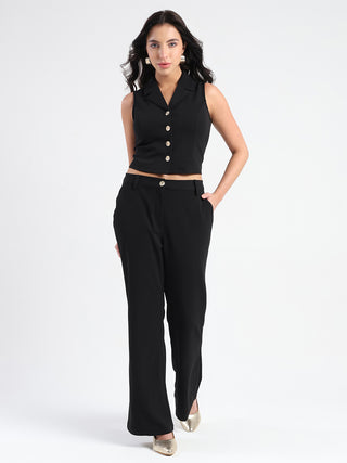 Madame Crop Top and Side Slit Trousers Knit Moss Black Co-ord Set