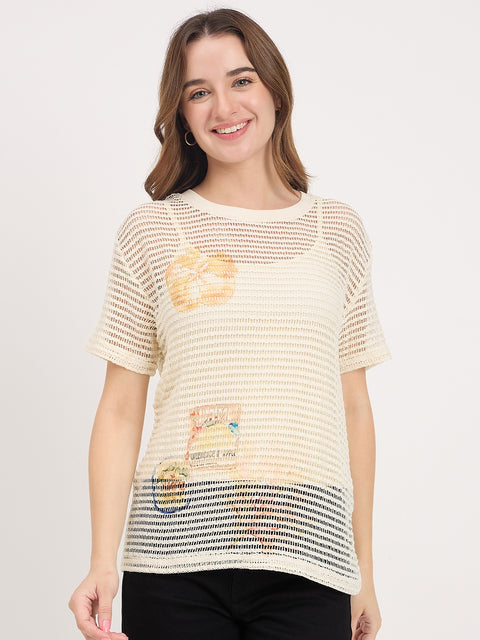 Madame Beige Printed Round Neck Half Sleeve T-Shirt