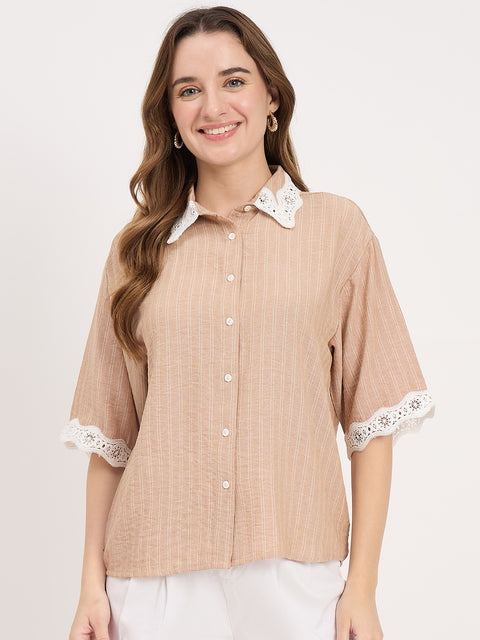 Madame Brown Textured Linen Blend Half Sleeve Shirt