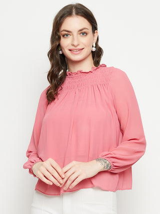 Madame Smocked Frill Neck Hot Pink Top