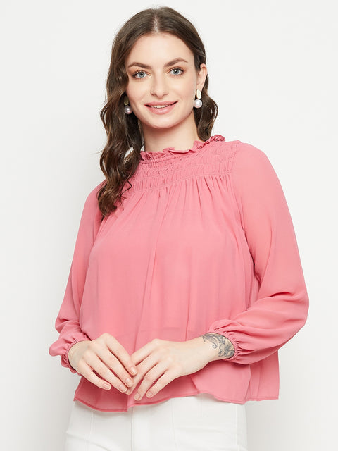 Madame Smocked Frill Neck Hot Pink Top