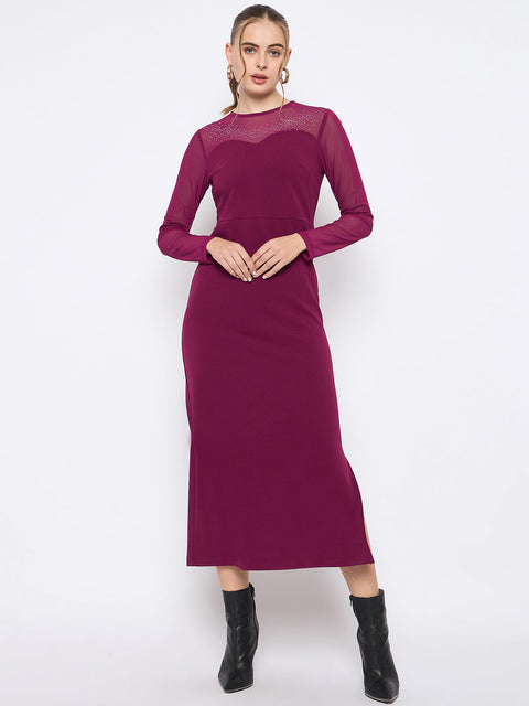 Madame Swarovski Detailed Solid Plum Round Neck Knitted Maxi Dress