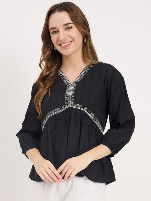 Madame Black Cotton Ruched V-Neck Puff Sleeve Top