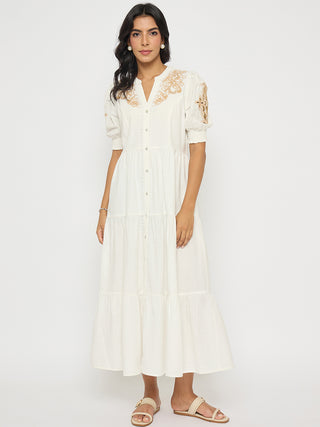 Madame Embroidered Flared Hem Belted White Cotton Dress