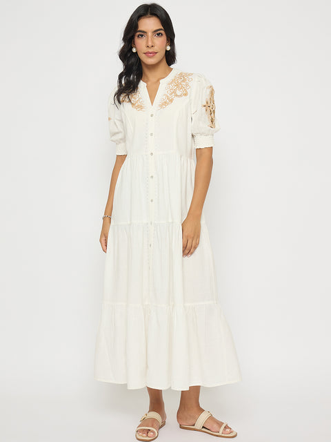 Madame Embroidered Flared Hem Belted White Cotton Dress