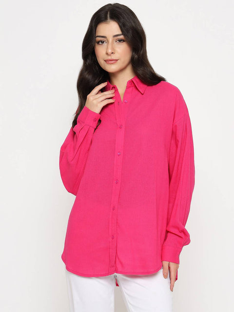 Madame Linen Blend Solid Hot Pink Shirt