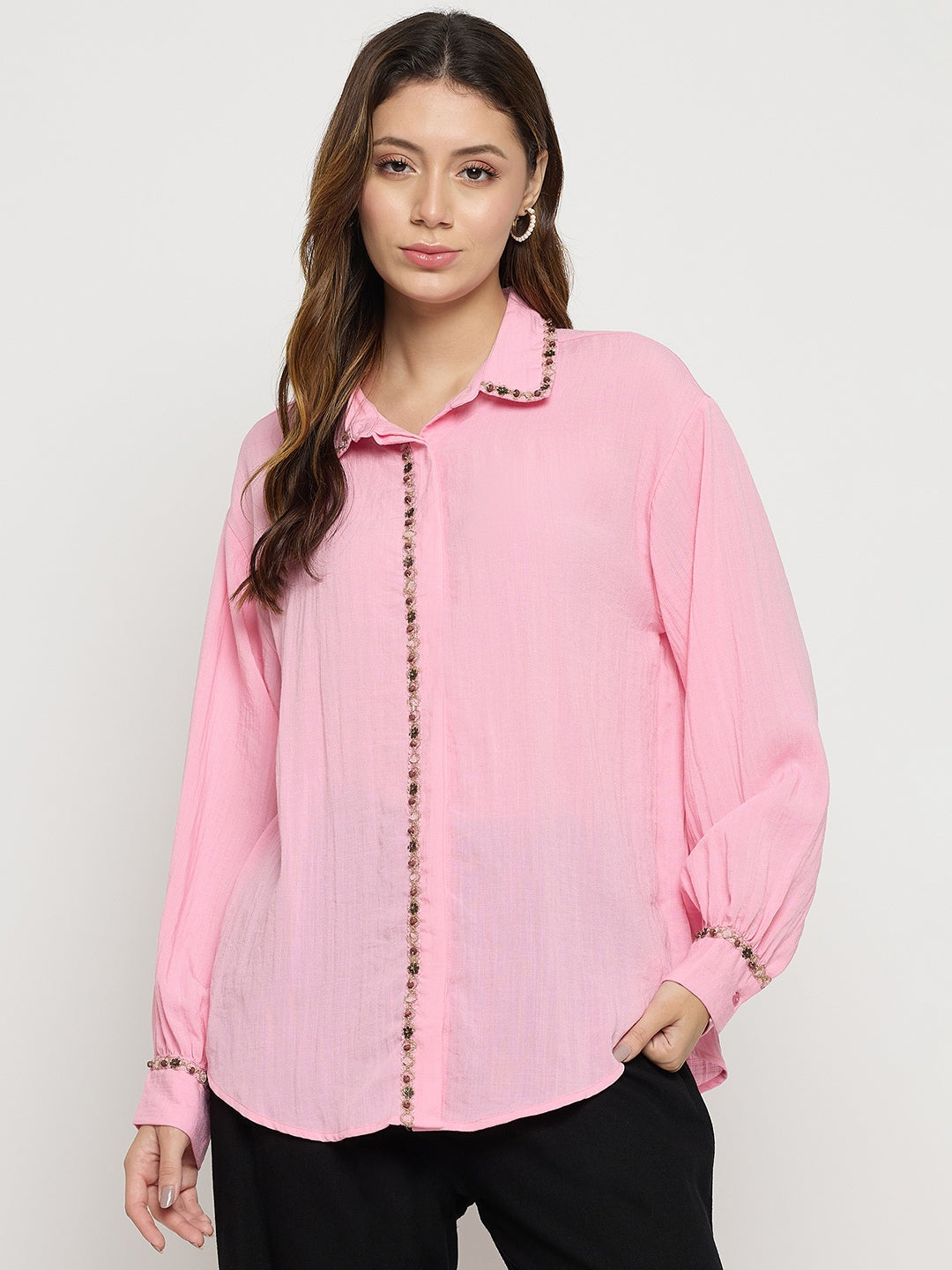 Madame Pink Embellished Rayon Full Sleeve Shirt color swatch