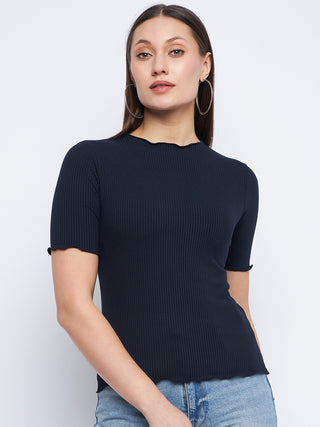 Madame Solid Navy Blue Lettuce Hem Top