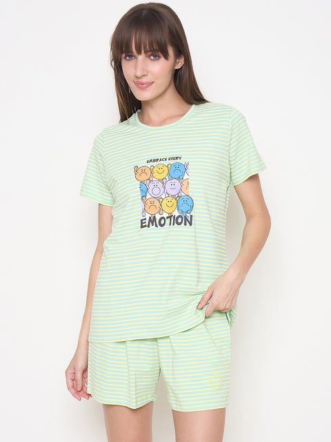 mSECRET Printed Top, Shorts and Bottoms Mint Green Night Suit