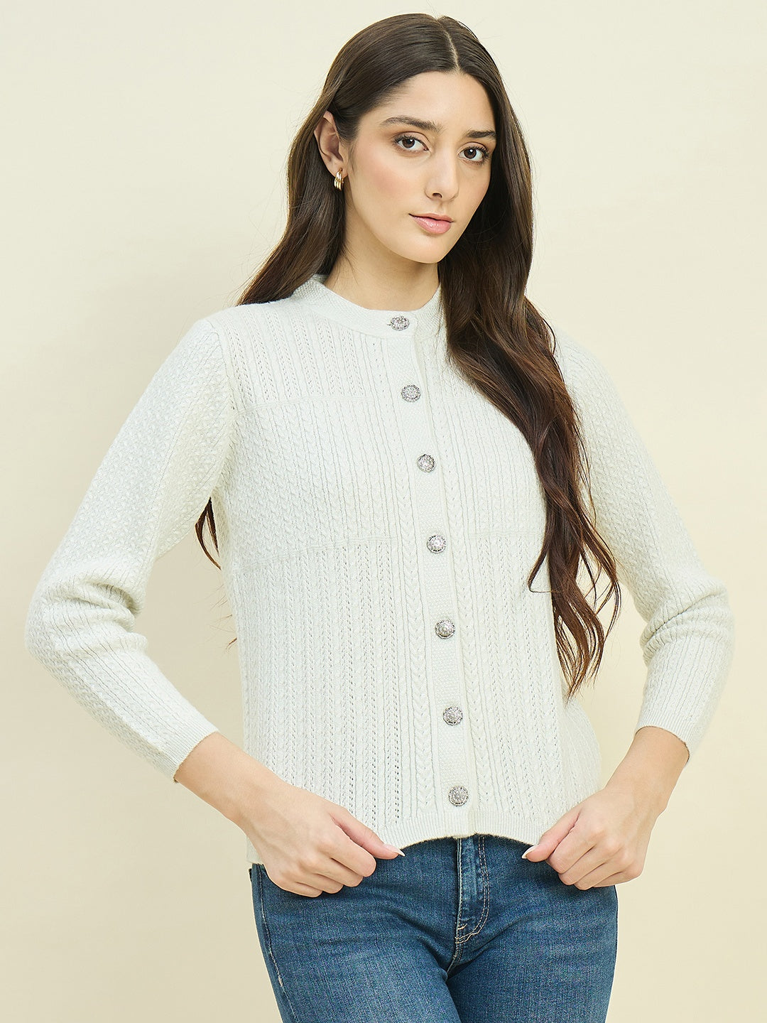 Madame Off White Round Neck Cardigan with Buttons color swatch