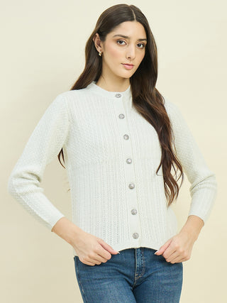 Madame Off White Round Neck Cardigan with Buttons