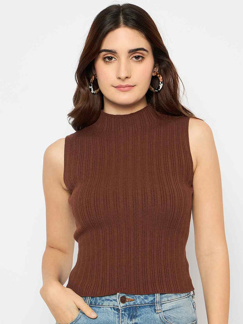Madame Mock Neck Brown Sleeveless Sweater
