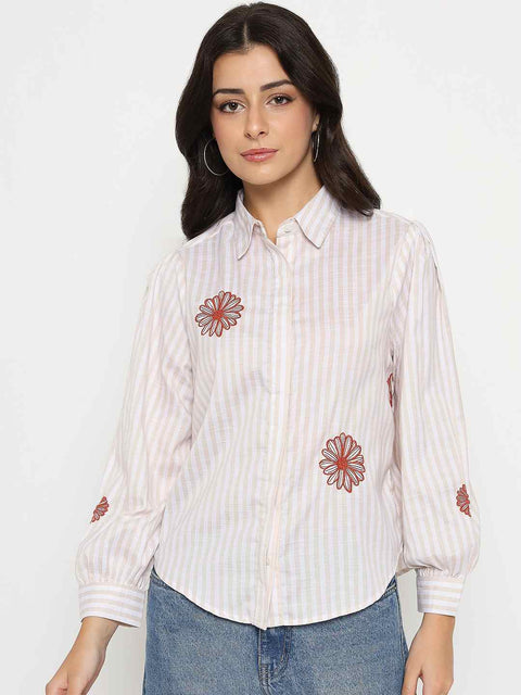 Madame Floral Embroidery Beige Striped Shirt