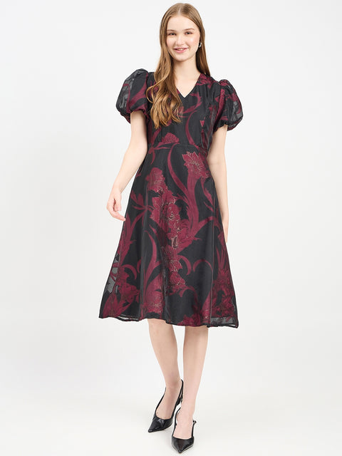Madame Textured Burgundy Flared Dress
